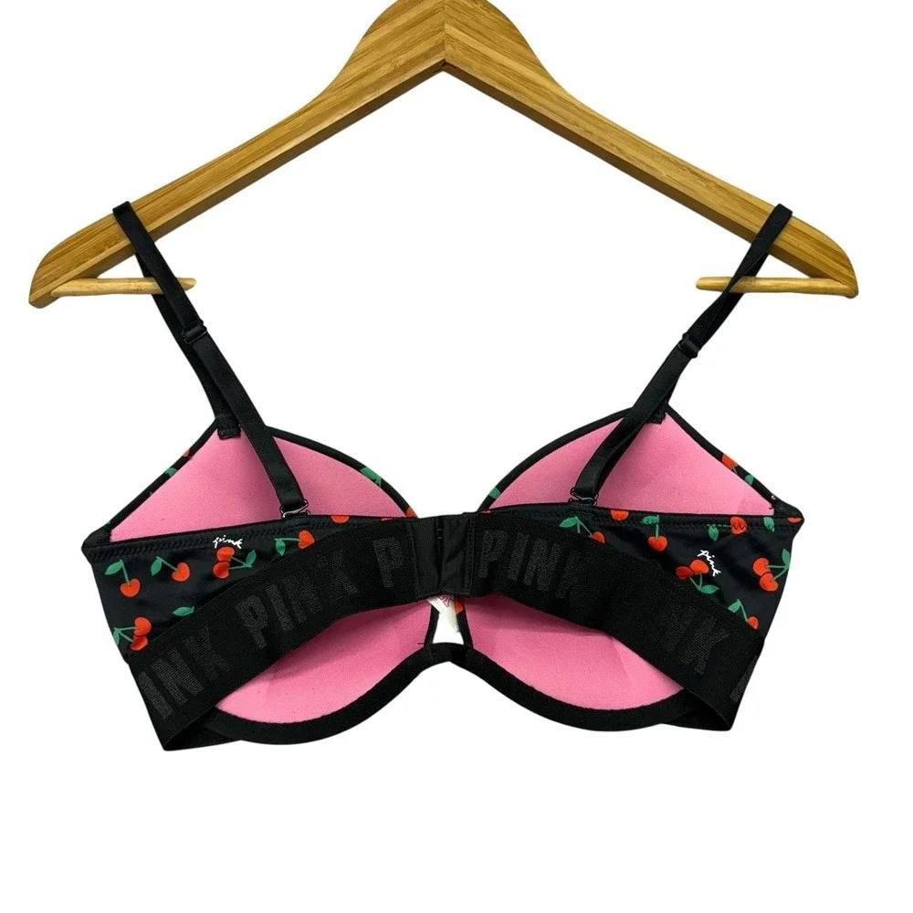 Victoria Secret PINK Women's Bra 32D Black Red Cherry Super Push Up Padded